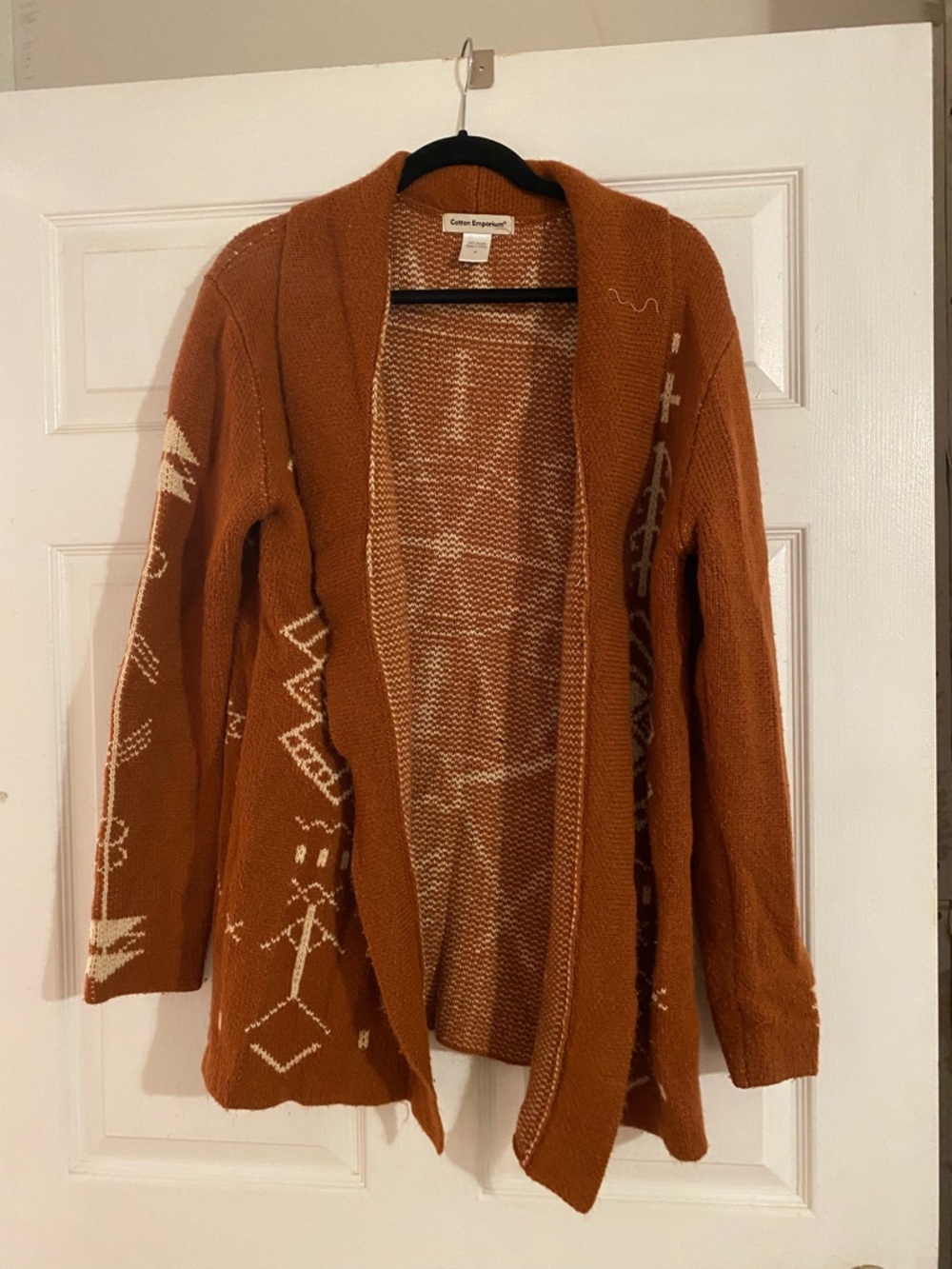 Cotton Emporium Rust Open-Front Aztec Knit Cardigan with Cream Pattern